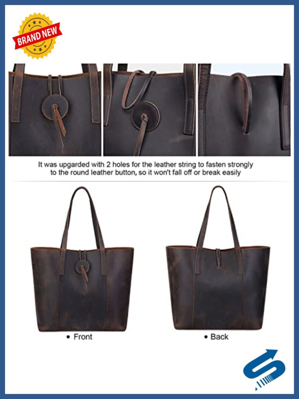 Vintage Genuine Leather Tote Bag Large Shoulder Purse Satchel - Picture 5 of 6